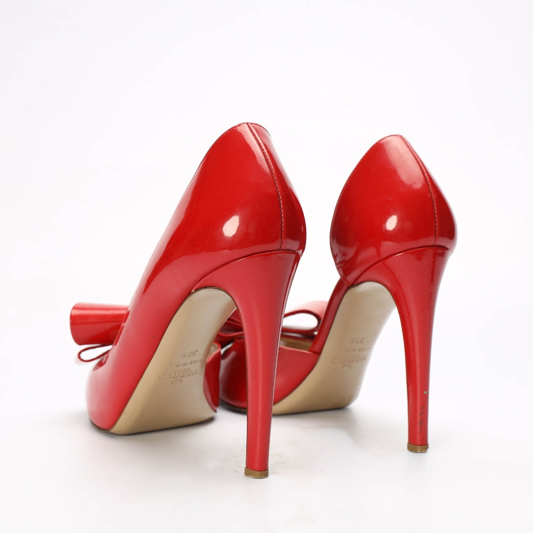 Valentino Red Leather Bow Peep Toe Pumps