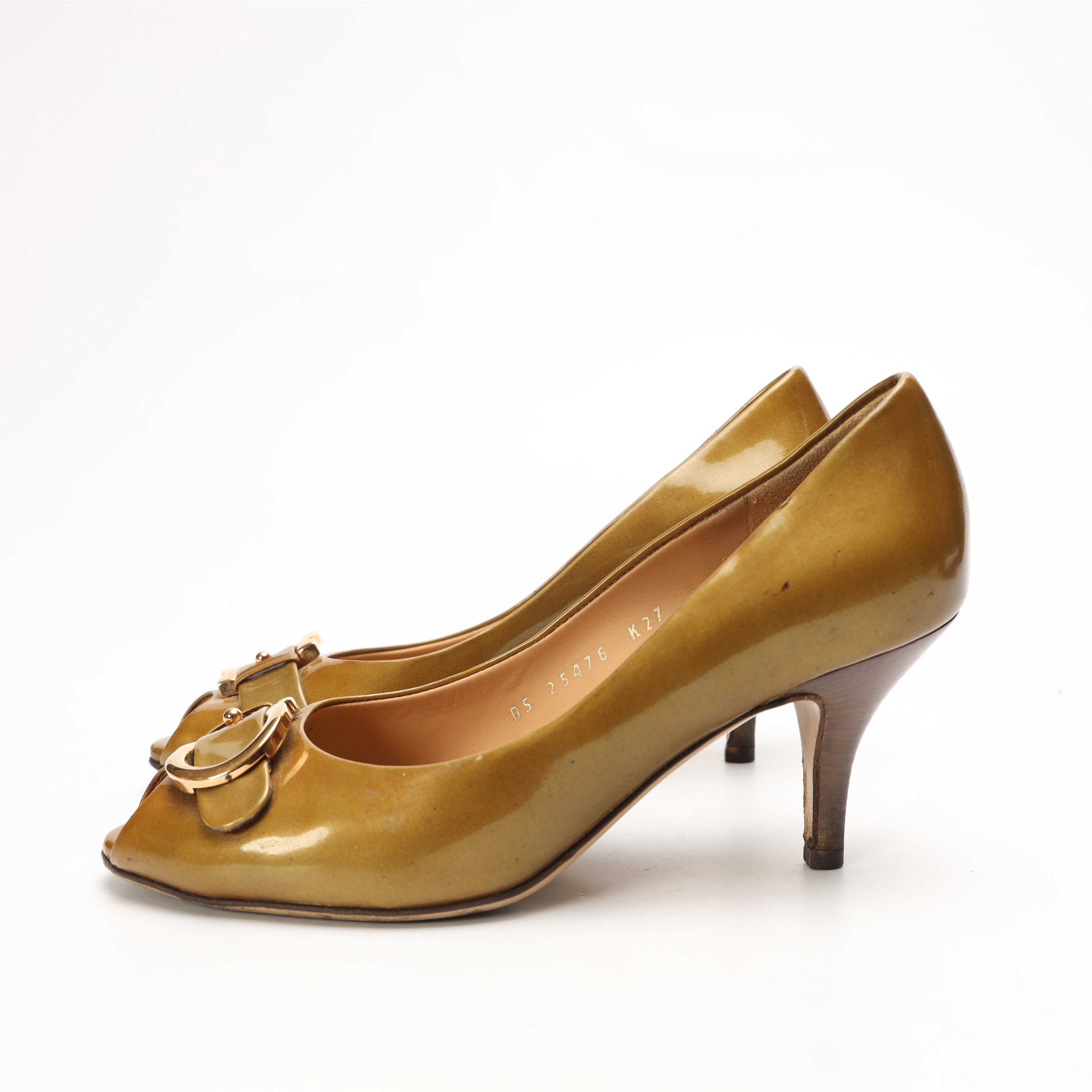 Salvatore Ferragamo Gold Gancio Bit Peep Toe Pumps