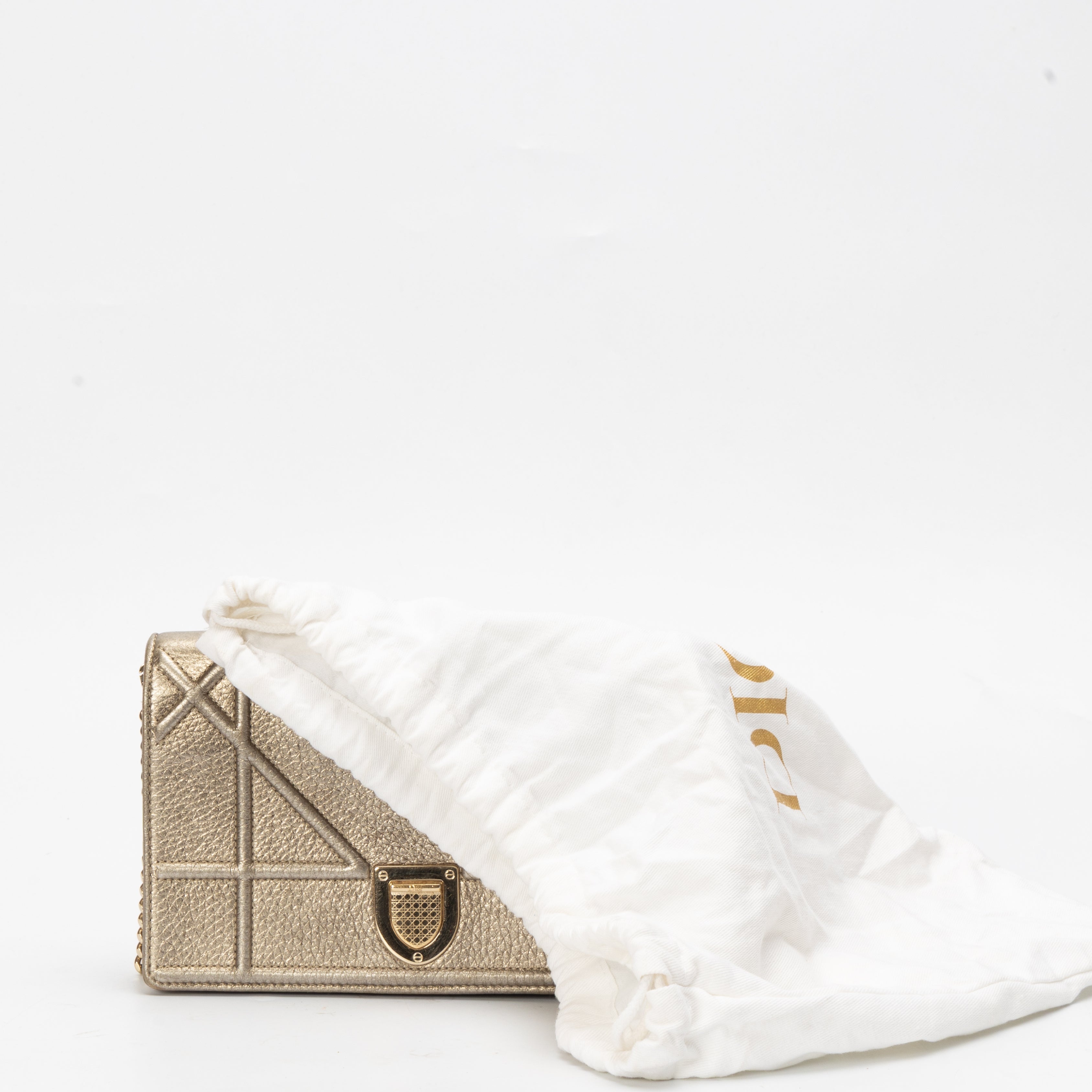 Dior Metallic Gold Leather Diorama Wallet on Chain