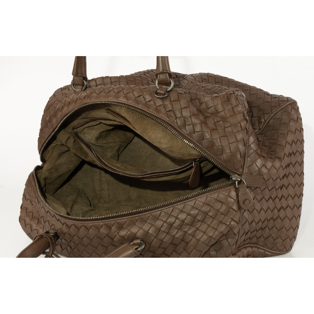 Bottega Veneta Brown Intrecciato Leather Boston Bag