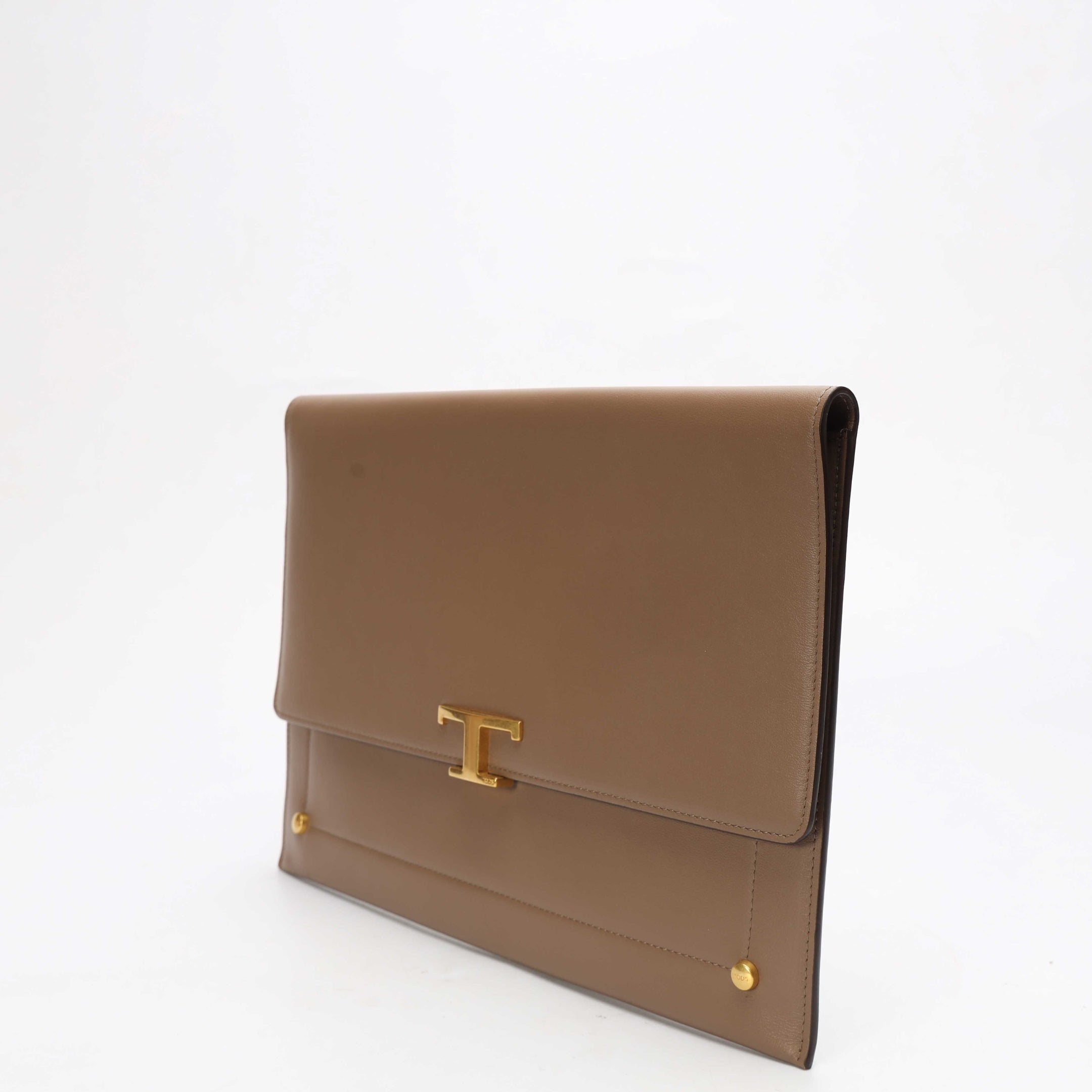 Tods Taupe Large T Timeless Envelope Clutch