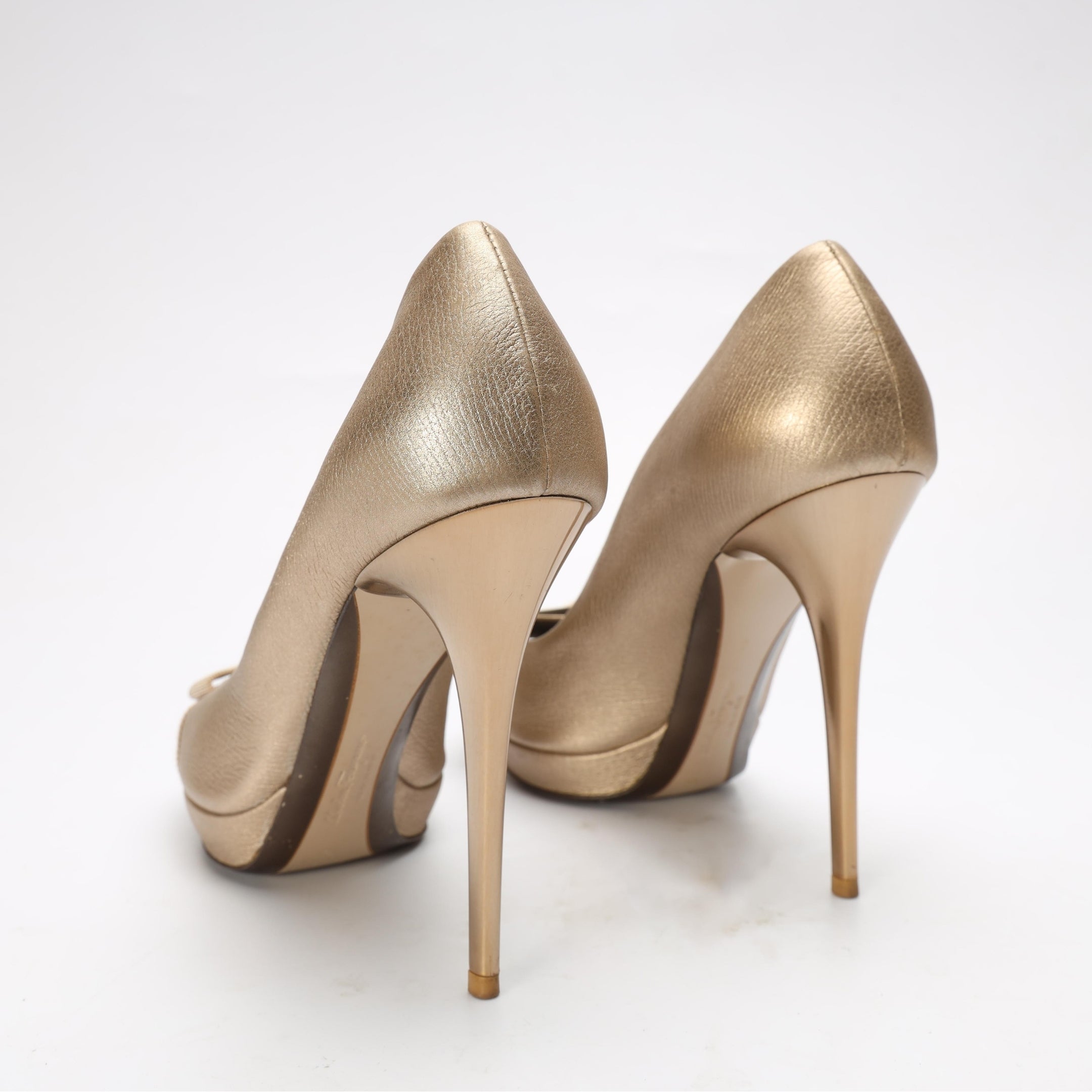 Salvatore Ferragamo Metallic Beige Vara Bow Peep-Toe Pumps