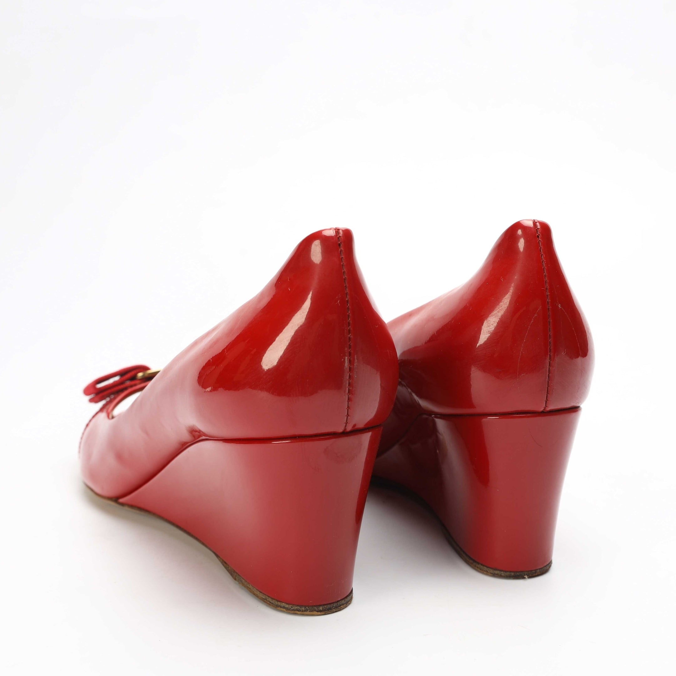Salvatore Ferragamo Red Sissi Bow Peep Toe Wedge Pumps