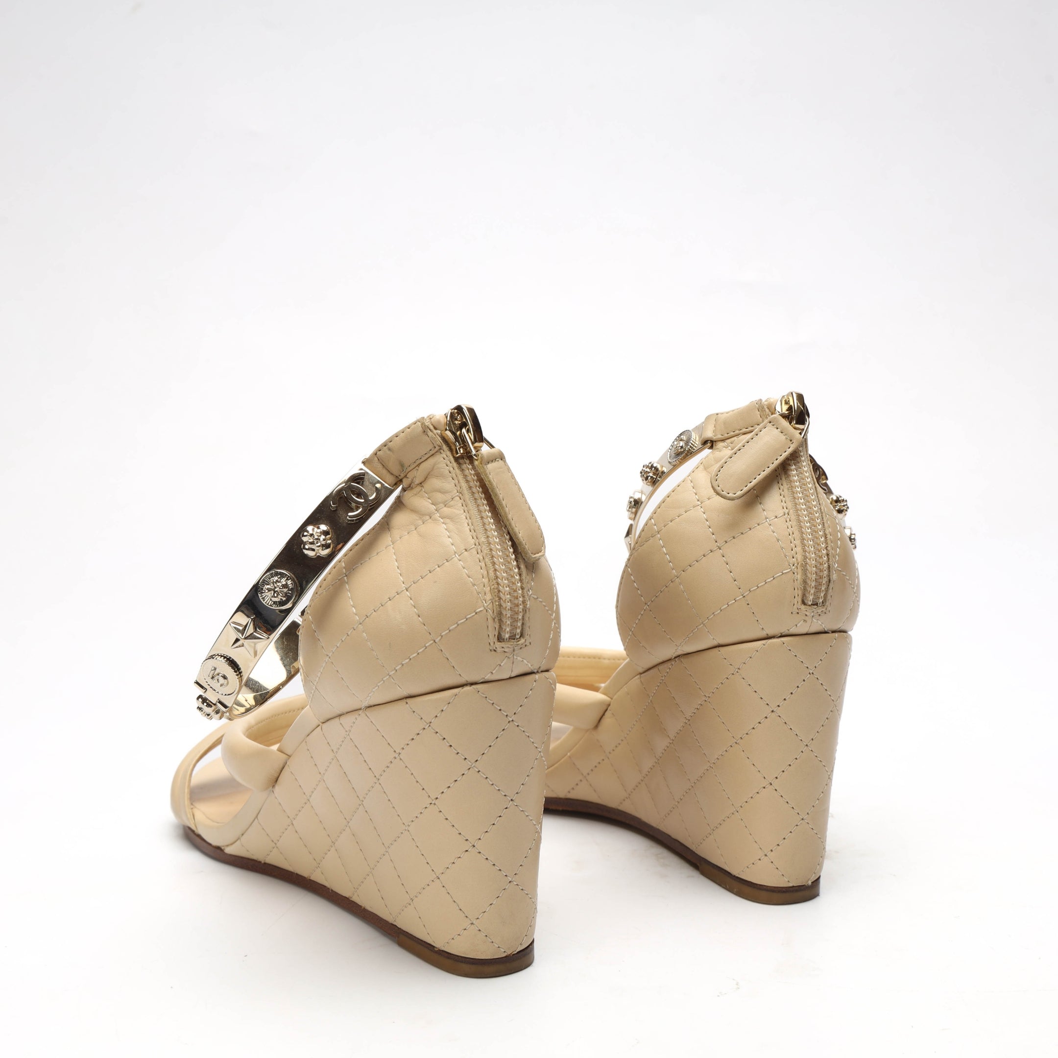 Chanel Beige Quilted Ankle Cuff Wedge Sandals