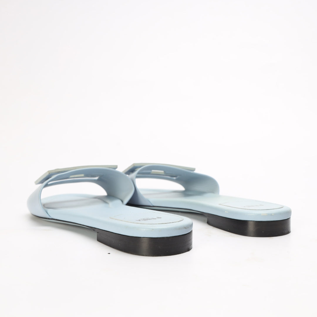Fendi Baguette Light Blue Leather Slides