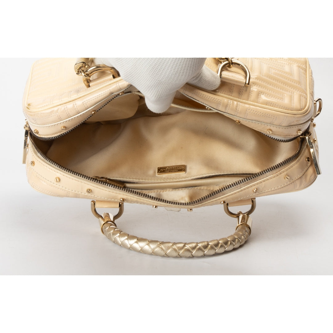 Gianni Versace Cream Quilted Patent Leather Bowler Bag