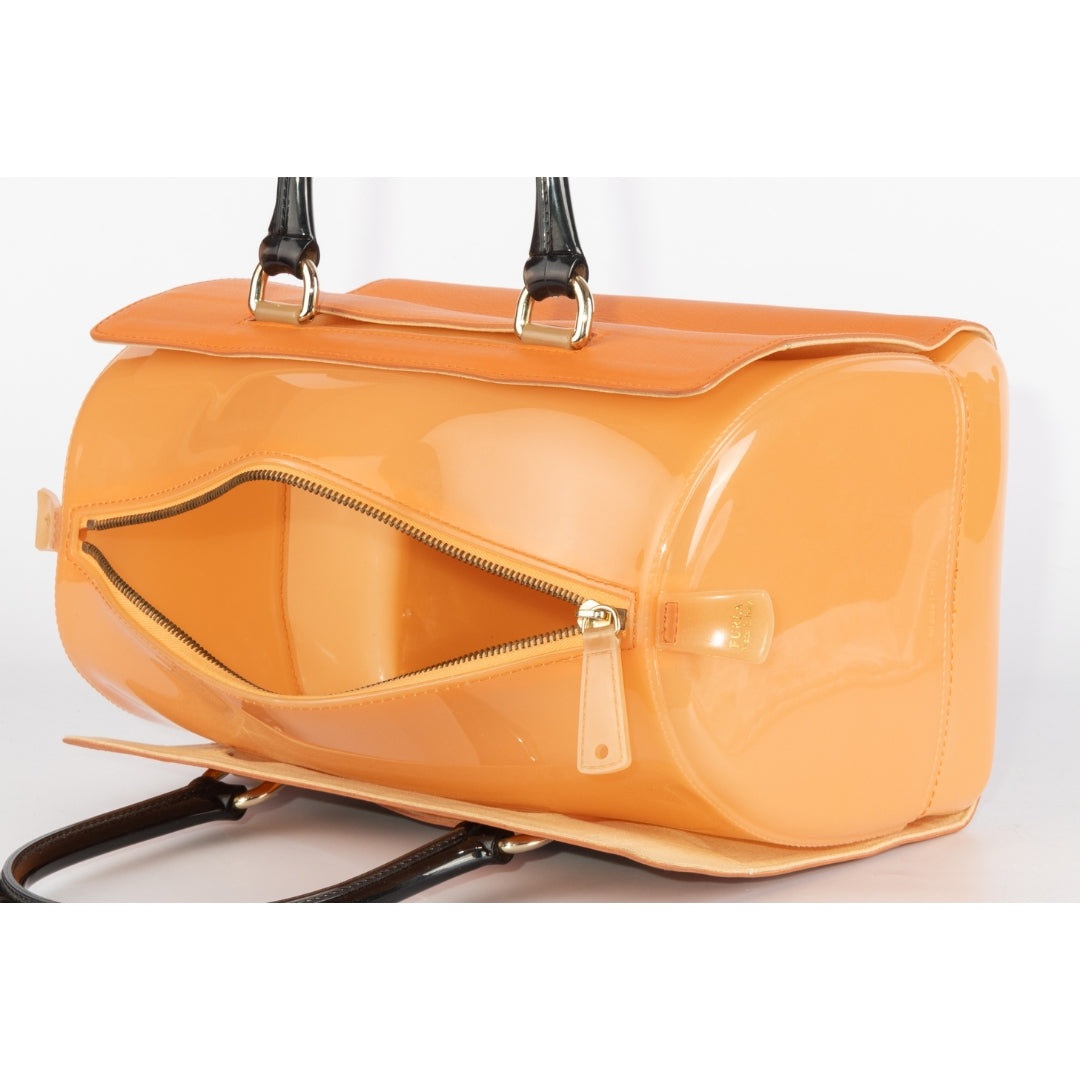 Furla Orange/Brown Rubber and Snakeskin Embossed Leather Candy Satchel