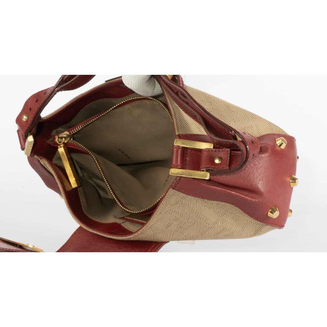 Fendi Beige/Red Zucca Canvas and Leather Baguette Shoulder Bag