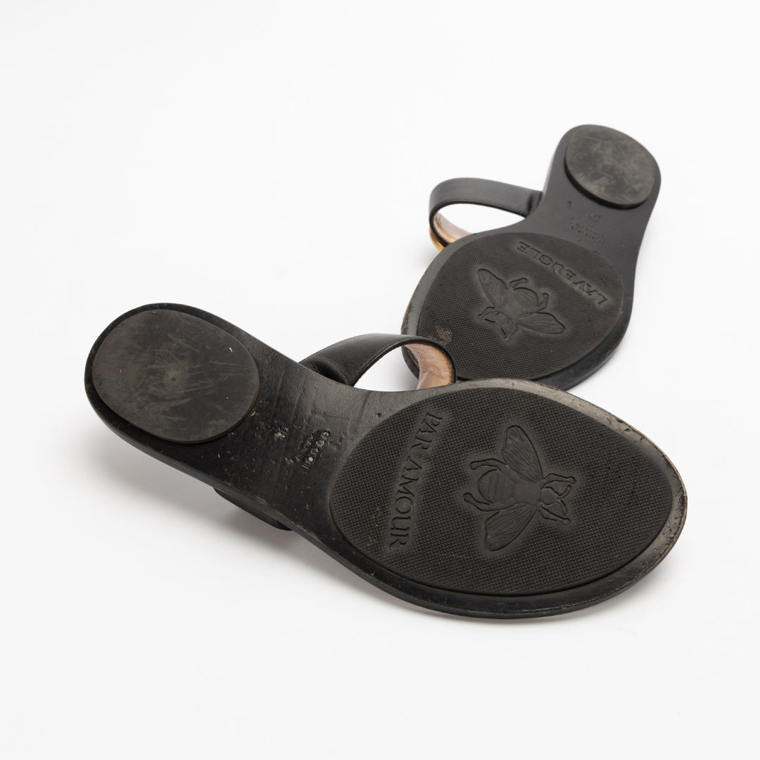 Gucci Black Leather Double G Flat T-Strap Sandals