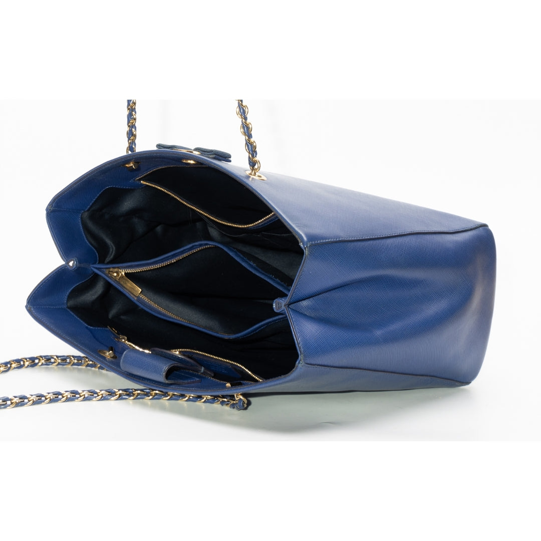 Salvatore Ferragamo Chain-Link Blue Saffiano Leather Tote Bag