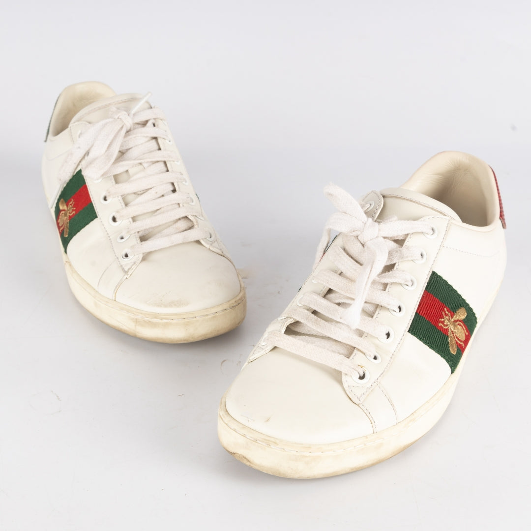 Gucci White Leather and Python Embossed Ace Bee Embroidered Sneakers