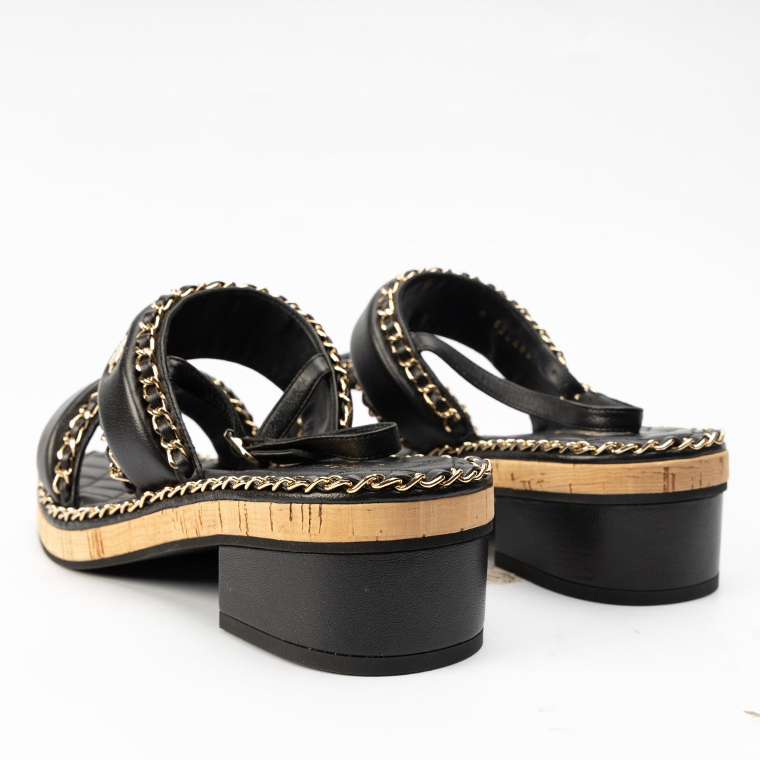 Chanel Black Chain Link CC Cork Sandals