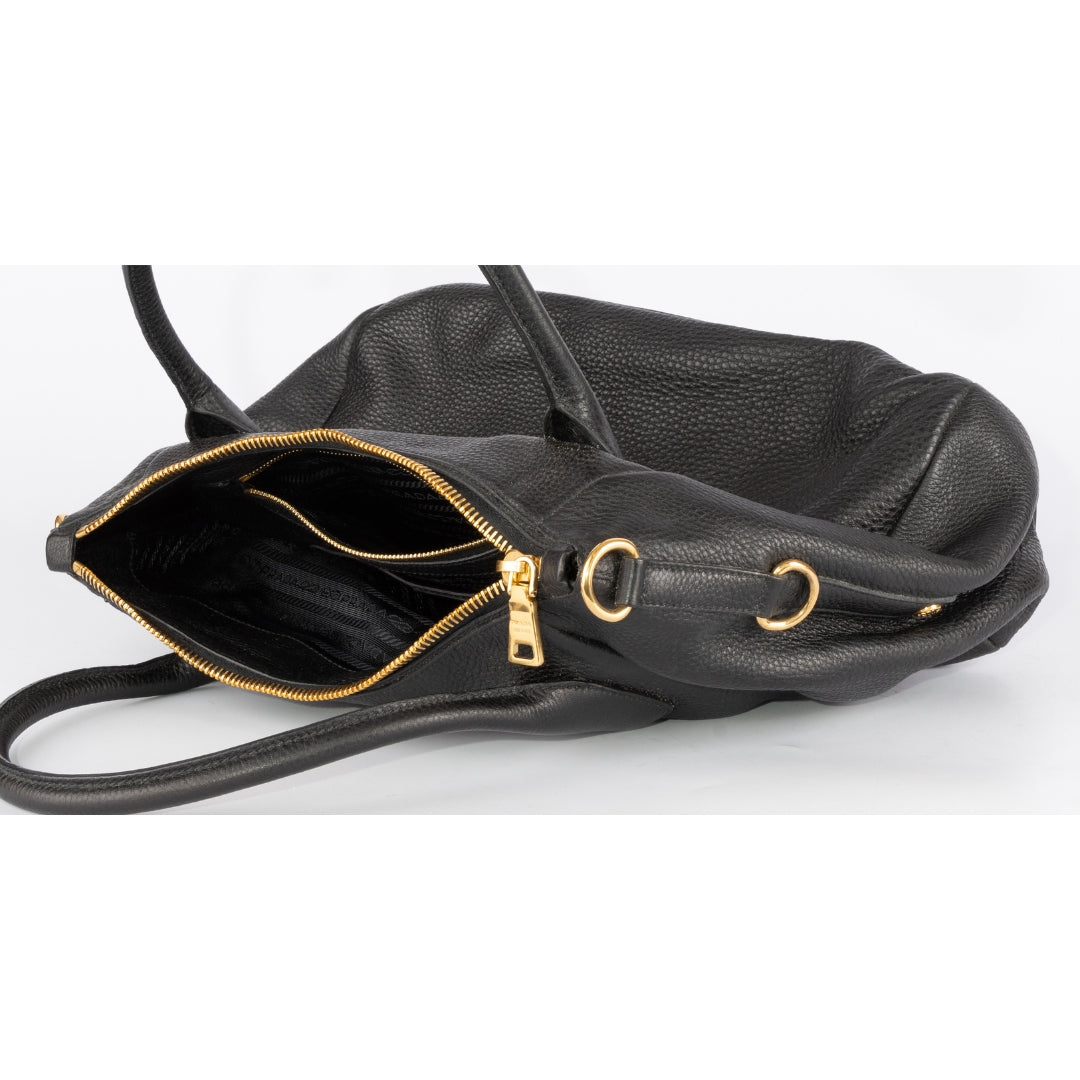 Prada Black Leather Vitello Daino Sacca 2 Manici Hobo Bag