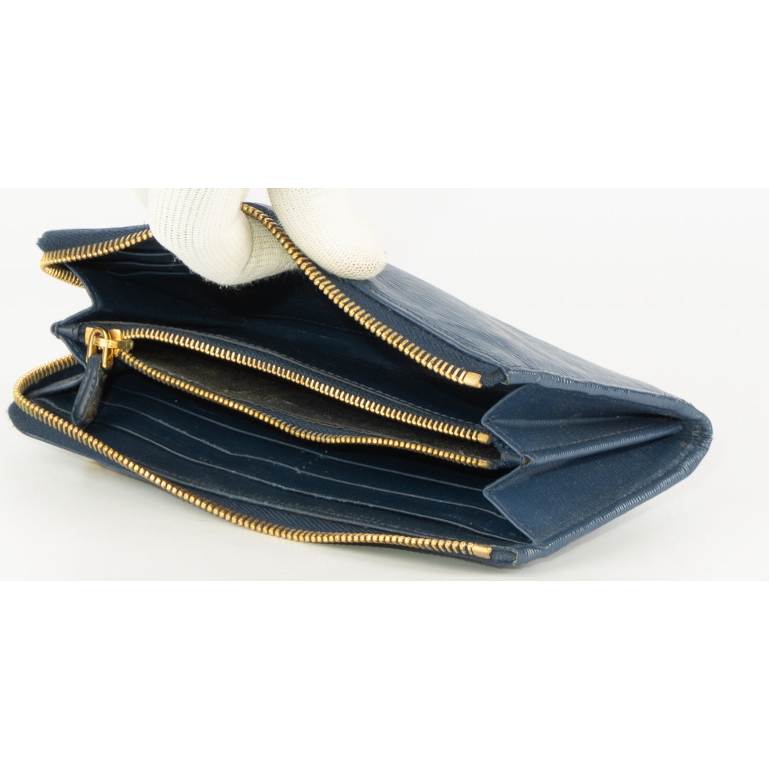 Prada Blue Vitello Move Leather Zip Around Wallet