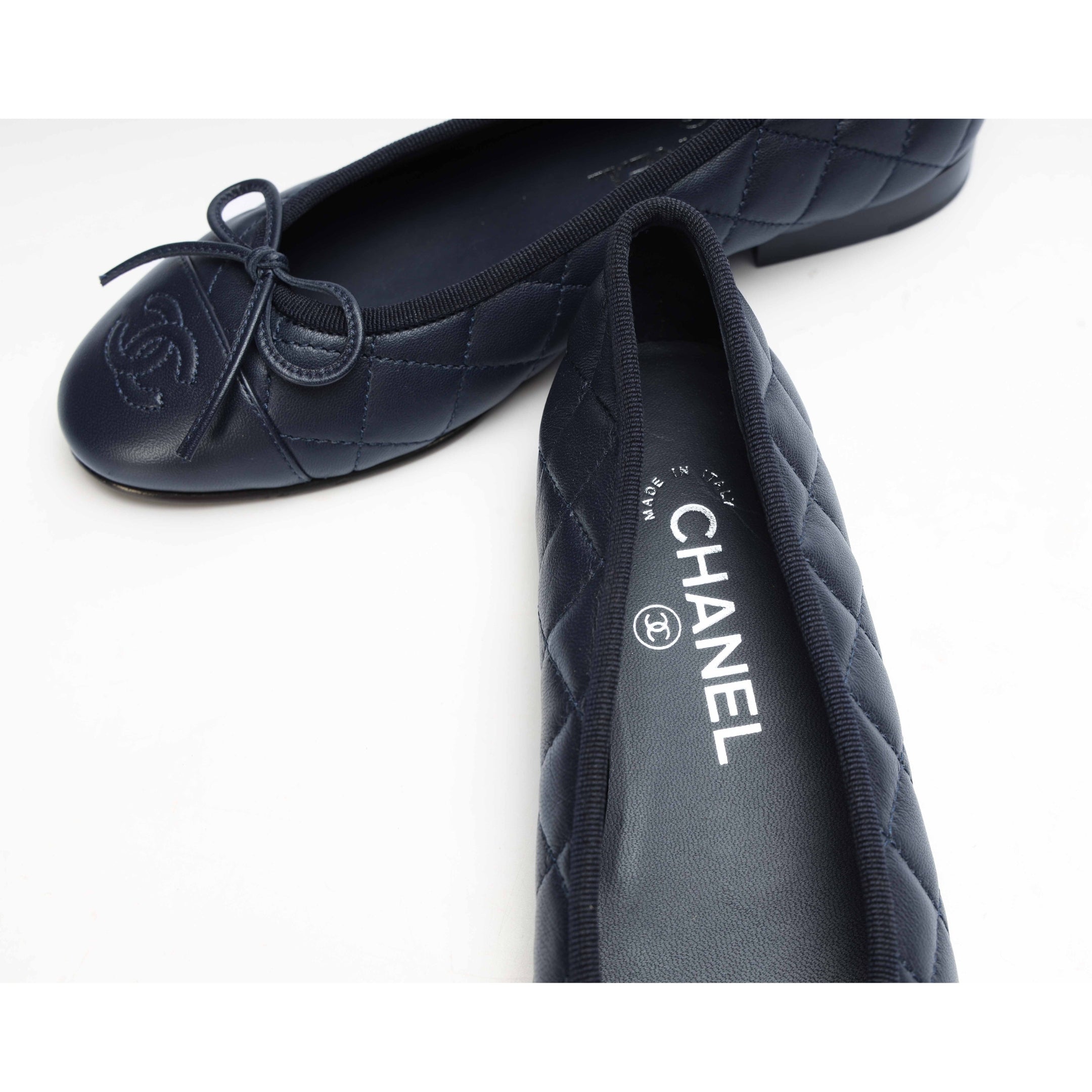 Chanel Navy Leather CC Cap Toe Ballet Flats
