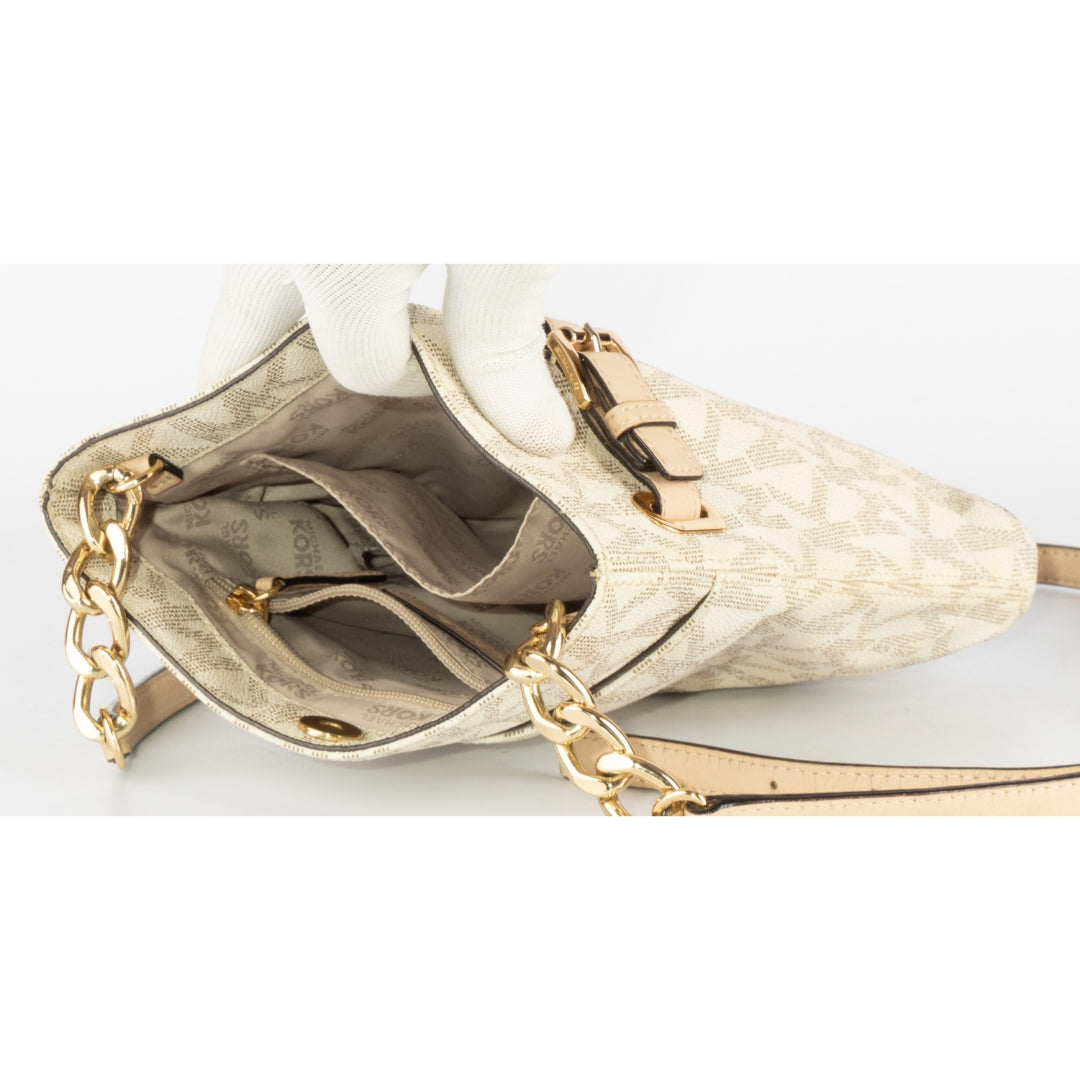 Michael Kors White Signature Coated Canvas and Leather Crossbody Bag