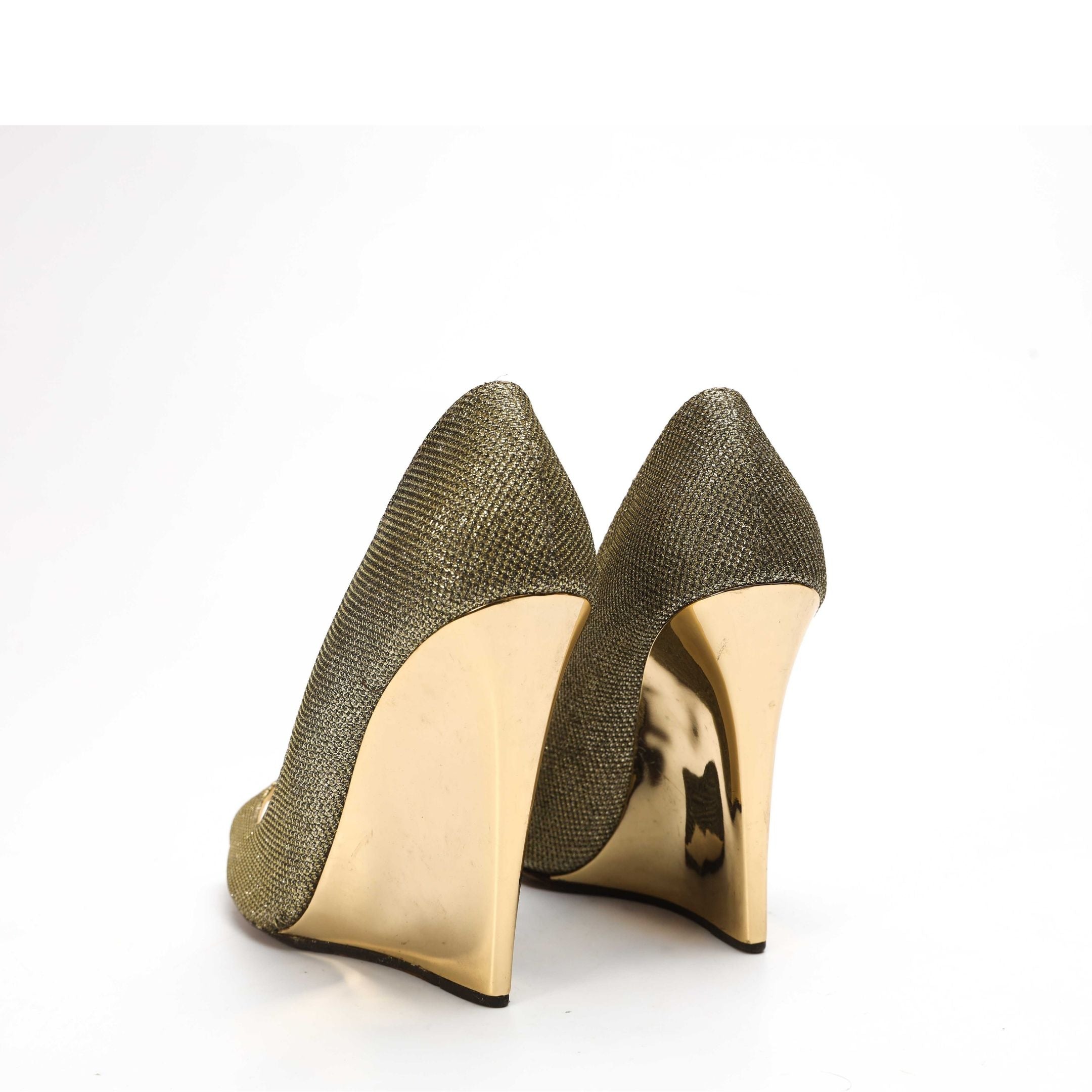Jimmy Choo Gold Glitter Peep-Toe Pumps