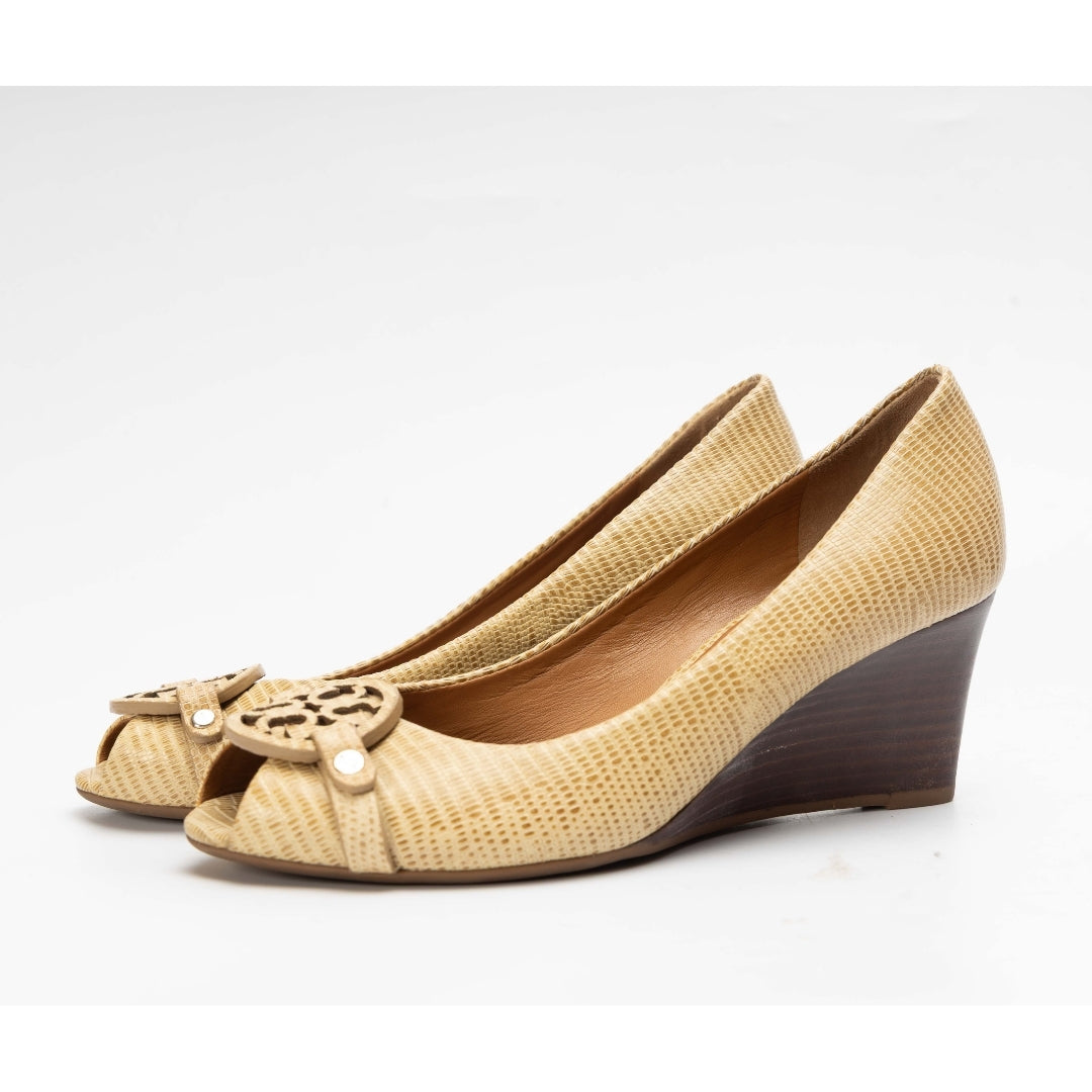 Tory Burch Lizard Embossed Leather Wedge Pumps