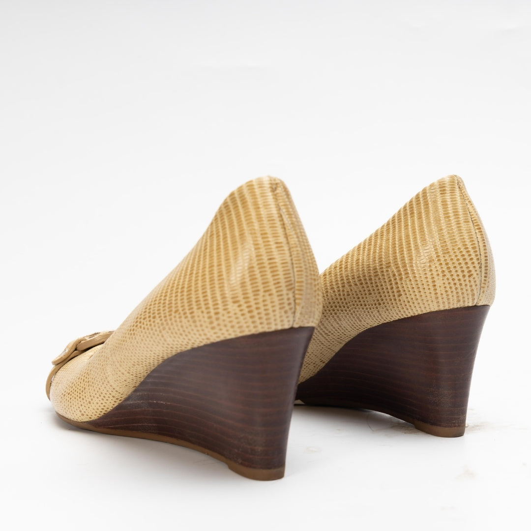 Tory Burch Lizard Embossed Leather Wedge Pumps