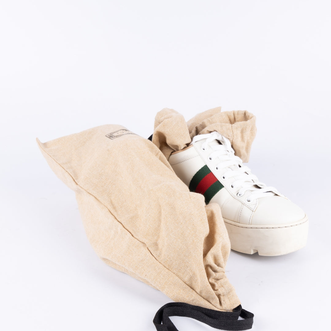 Gucci White Leather Bee Ace Platform Low Top Sneakers