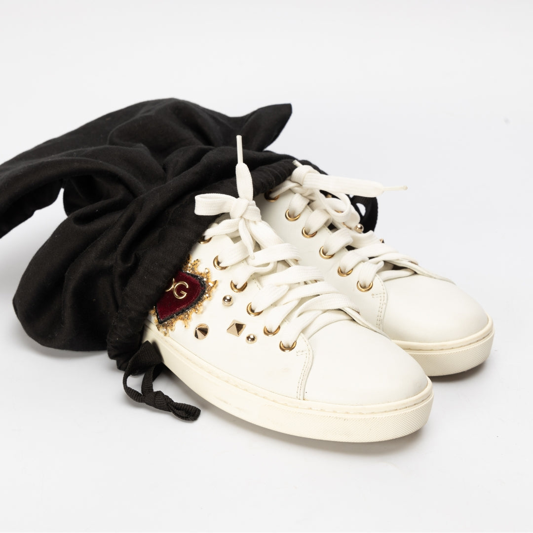 Dolce & Gabbana White Leather Embellished Portofino Sneakers