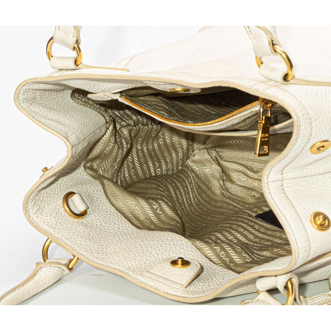 Prada White Vitello Daino Convertible Tote
