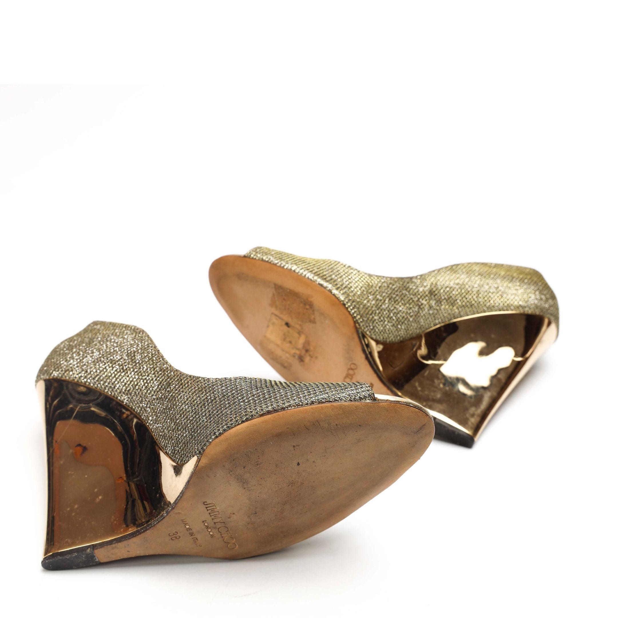 Jimmy Choo Gold Glitter Peep-Toe Pumps