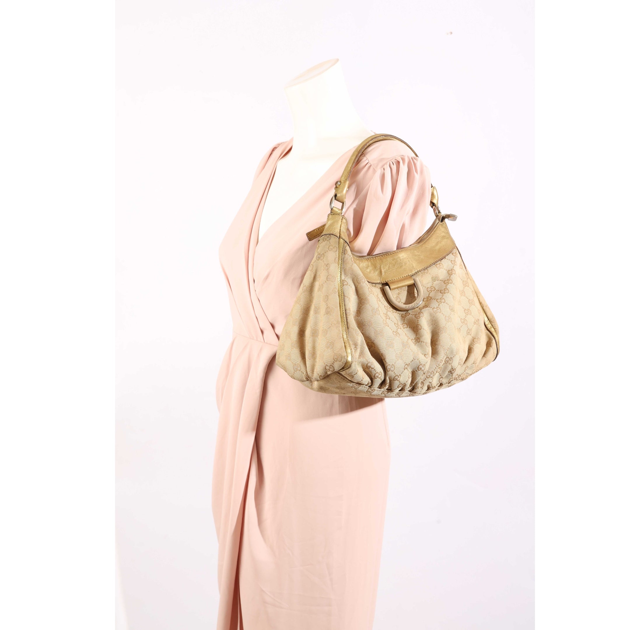 Gucci Biege/Gold GG Canvas D Ring Hobo Bag