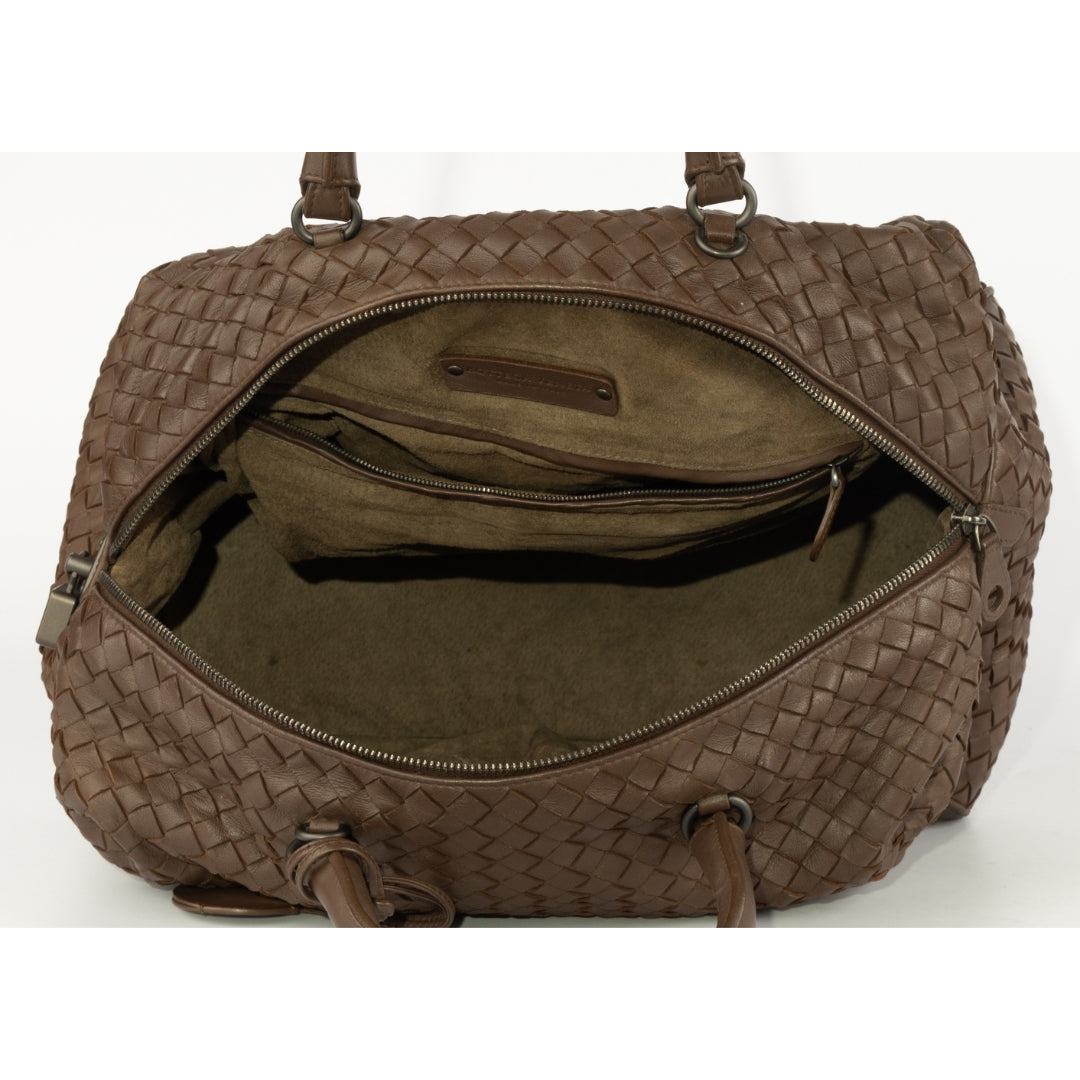 Bottega Veneta Brown Intrecciato Leather Boston Bag