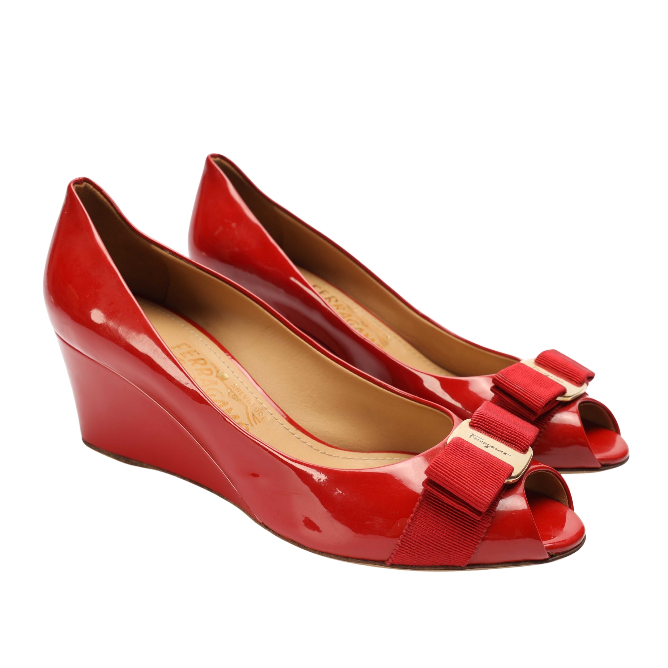 Salvatore Ferragamo Red Sissi Bow Peep Toe Wedge Pumps