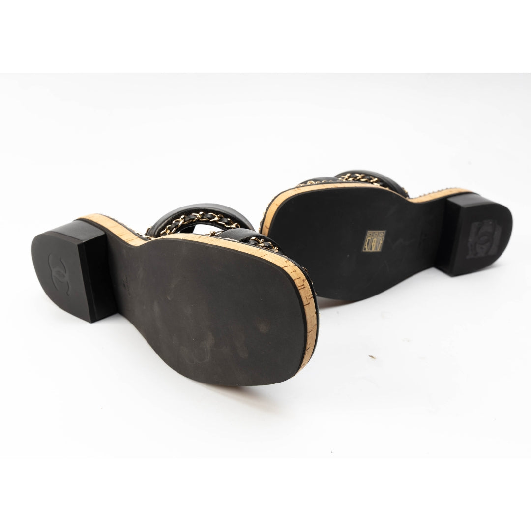 Chanel Black Chain Link CC Cork Sandals