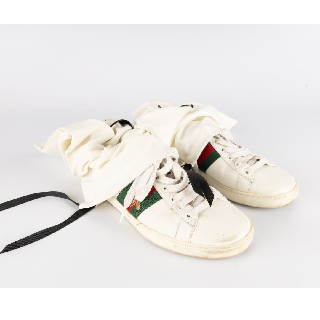 Gucci White Leather and Python Embossed Ace Bee Embroidered Sneakers