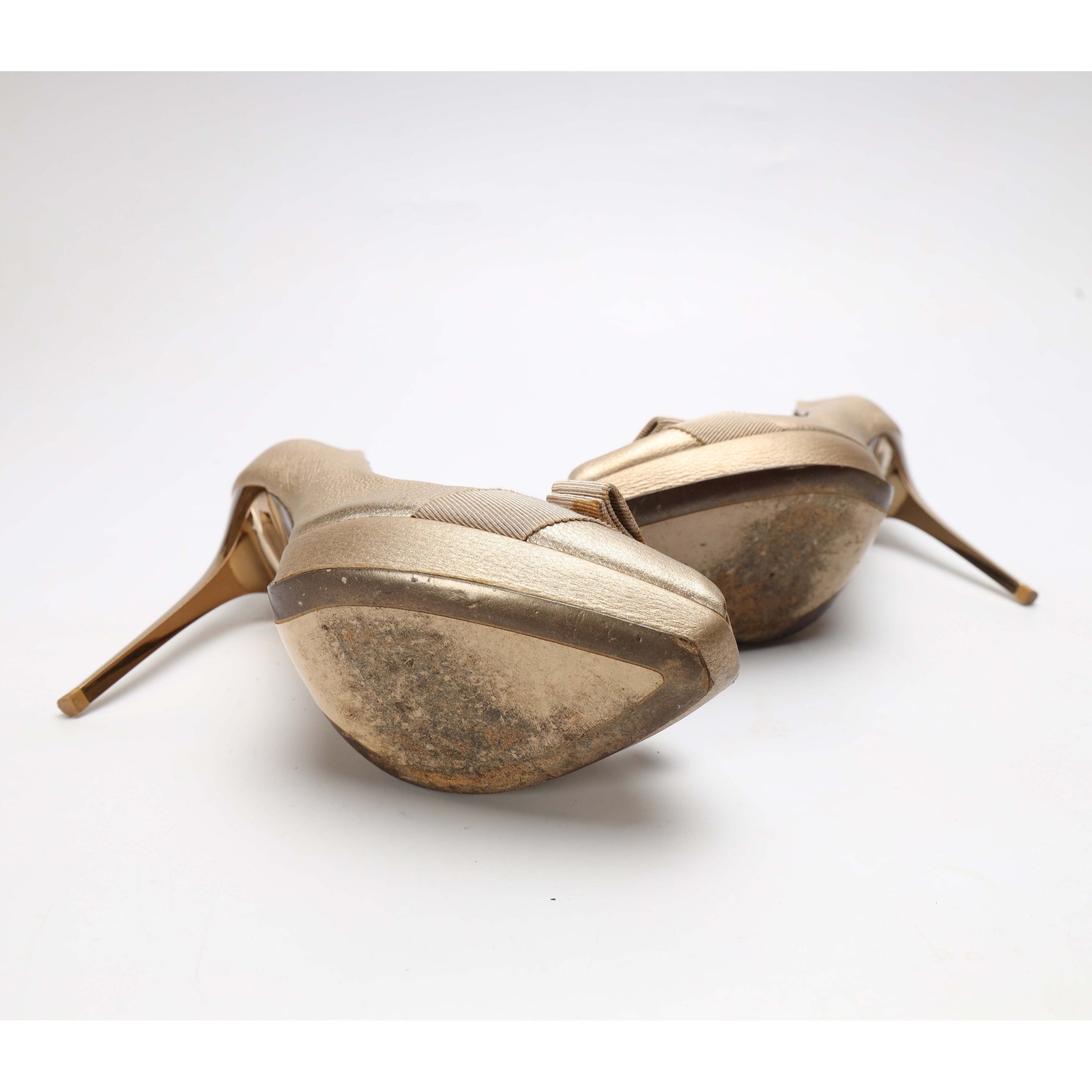 Salvatore Ferragamo Metallic Beige Vara Bow Peep-Toe Pumps