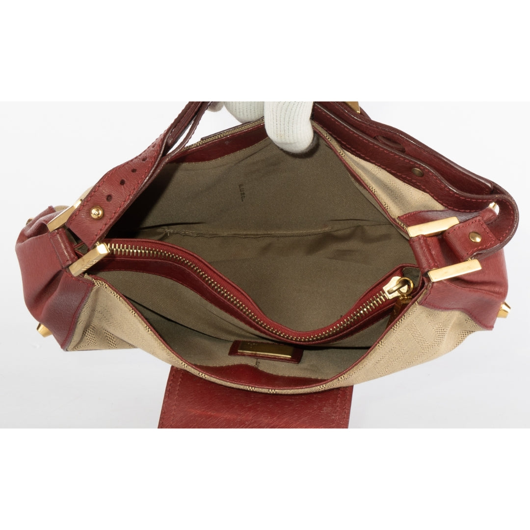 Fendi Beige/Red Zucca Canvas and Leather Baguette Shoulder Bag