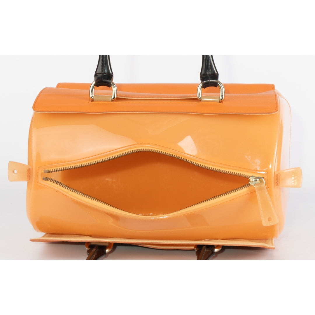 Furla Orange/Brown Rubber and Snakeskin Embossed Leather Candy Satchel