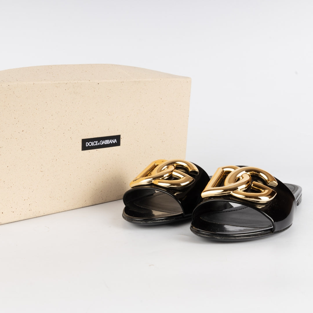 Dolce & Gabbana DG Logo Polished Calfskin Sliders