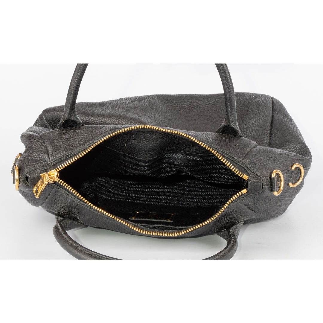 Prada Black Leather Vitello Daino Sacca 2 Manici Hobo Bag