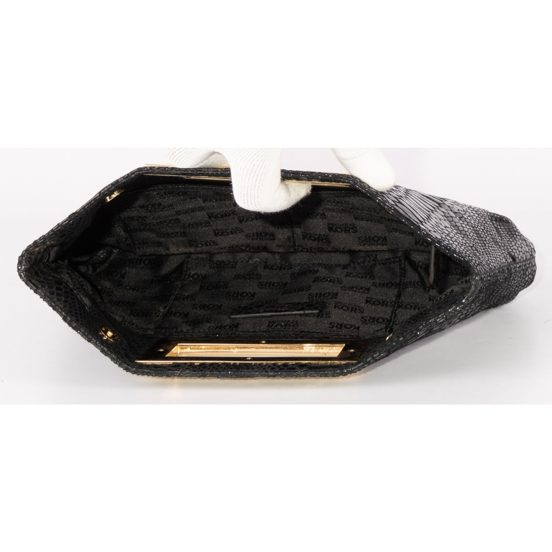 Michael Kors Black Glazed Python Embossed Leather Berkley Clutch