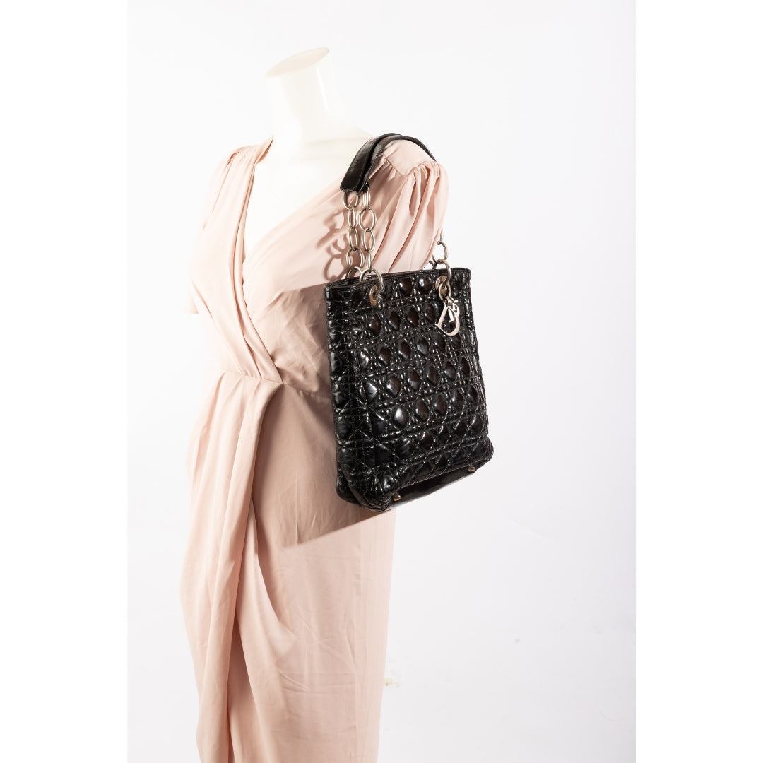 Dior Black Cannage Quilted Patent Leather Medium Soft Lady Dior Tote