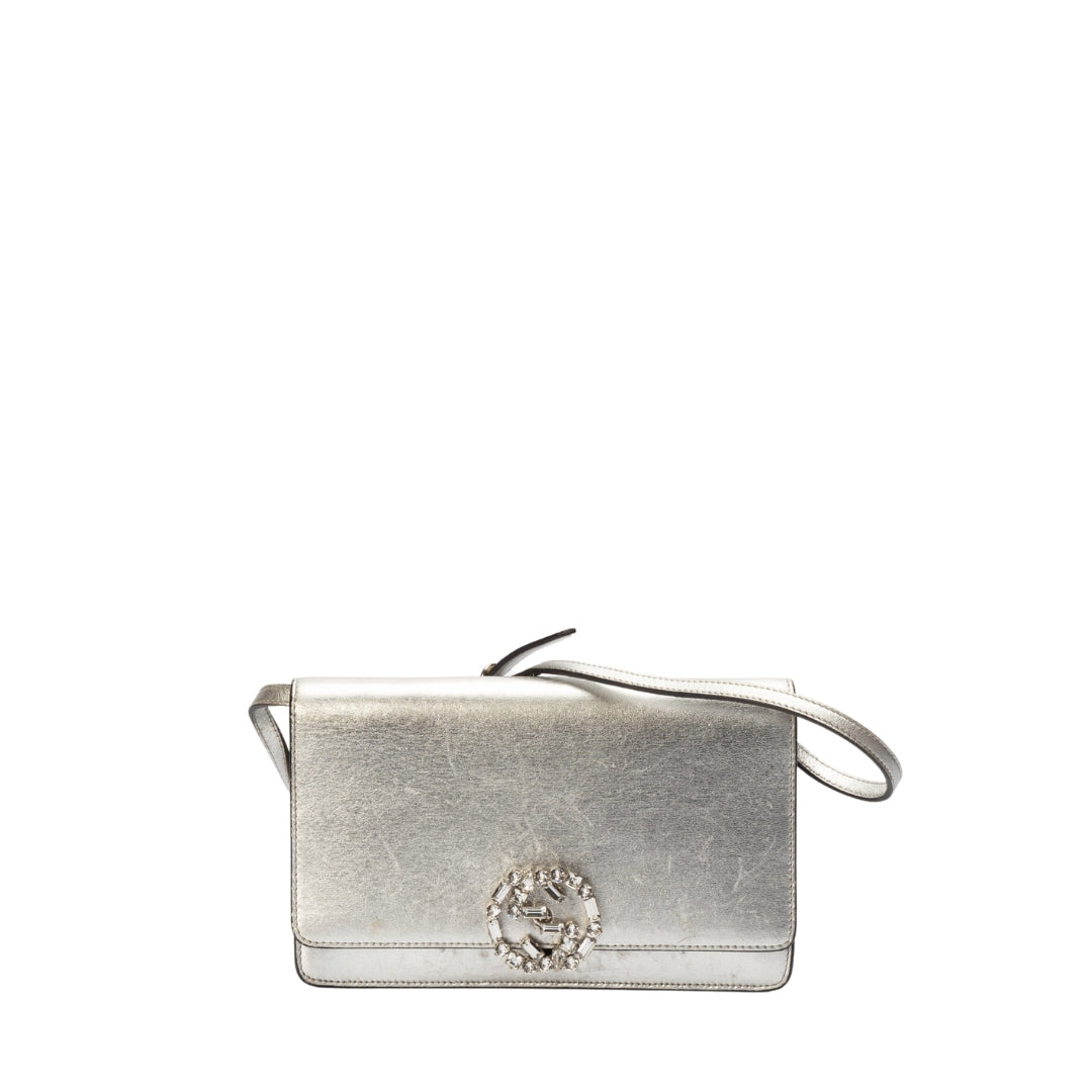 Gucci Silver Leather Crystal Embellished Broadway Shoulder Bag