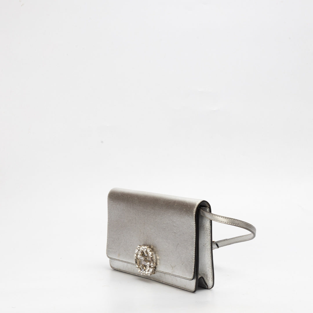 Gucci Silver Leather Crystal Embellished Broadway Shoulder Bag