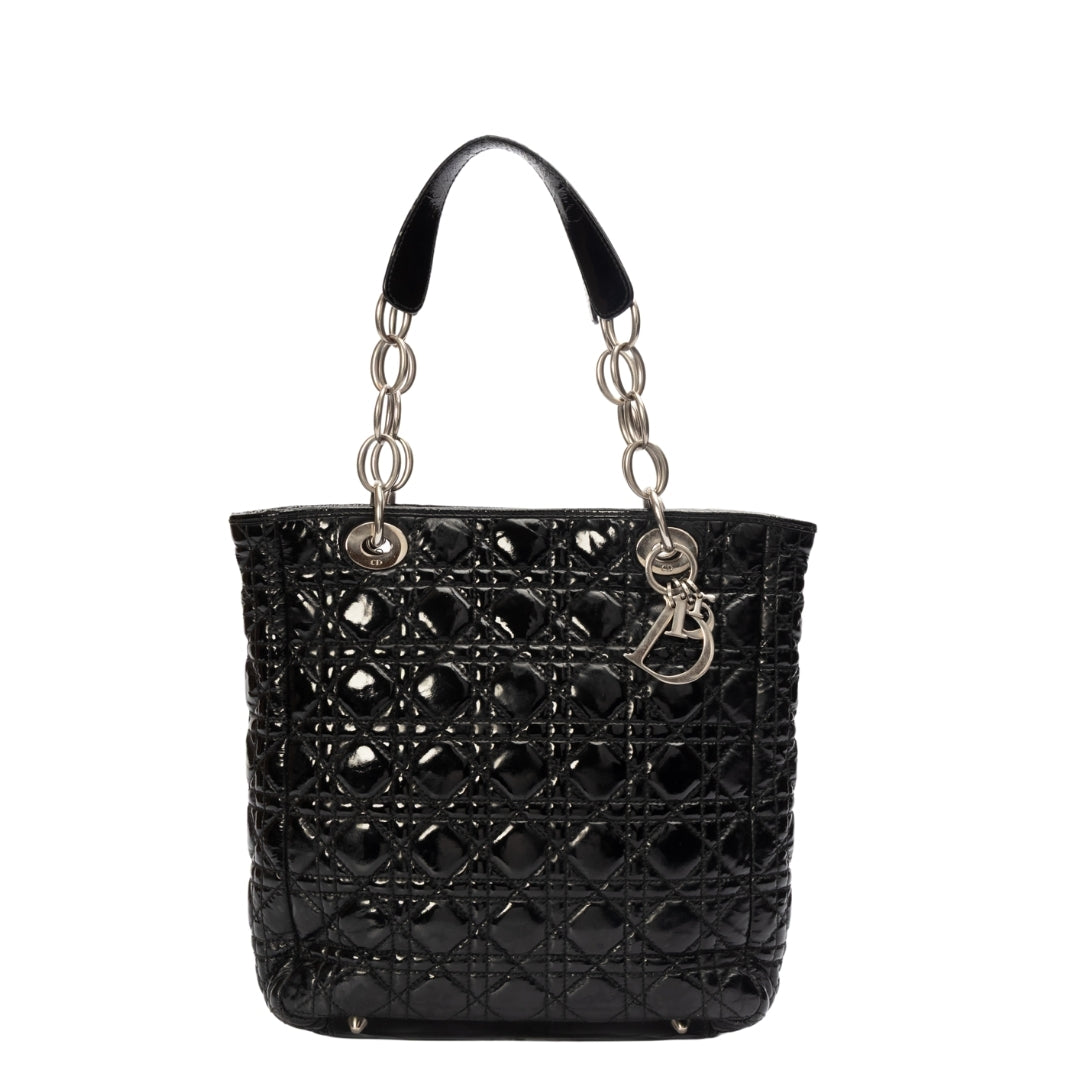 Dior Black Cannage Quilted Patent Leather Medium Soft Lady Dior Tote