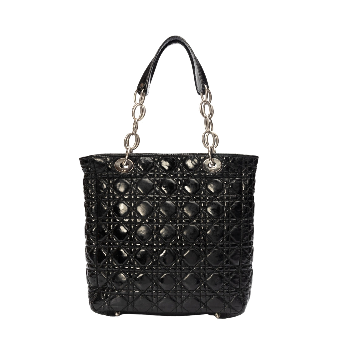 Dior Black Cannage Quilted Patent Leather Medium Soft Lady Dior Tote