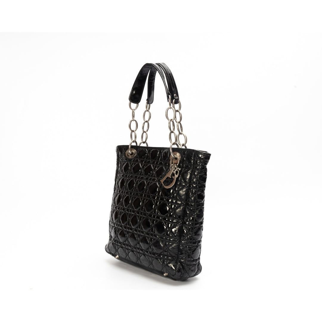 Dior Black Cannage Quilted Patent Leather Medium Soft Lady Dior Tote
