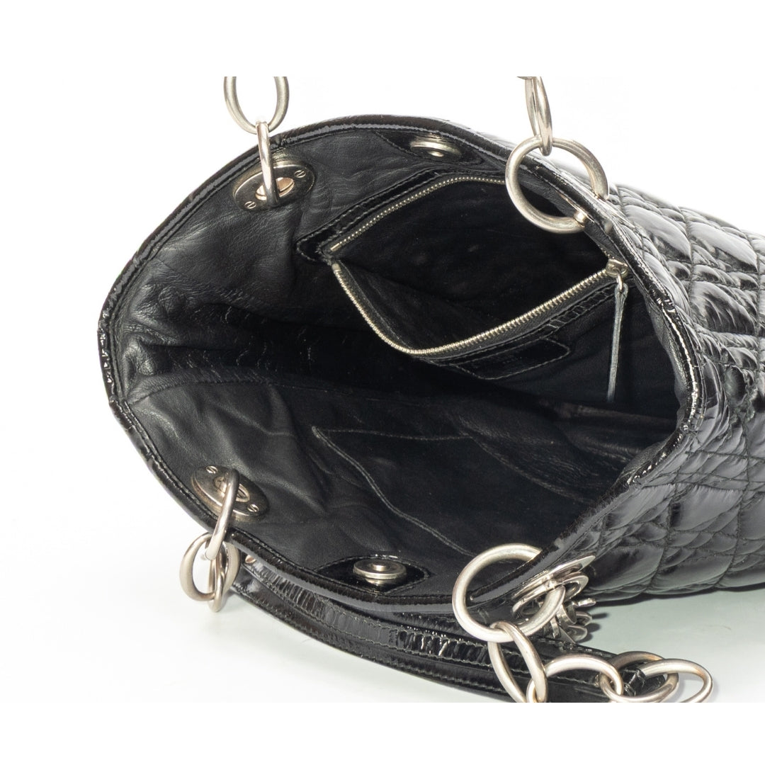 Dior Black Cannage Quilted Patent Leather Medium Soft Lady Dior Tote