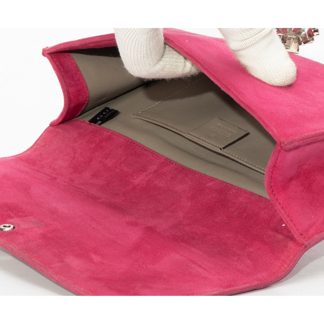 Gucci Pink Suede Interlocking G Crystal Embellished Broadway Clutch