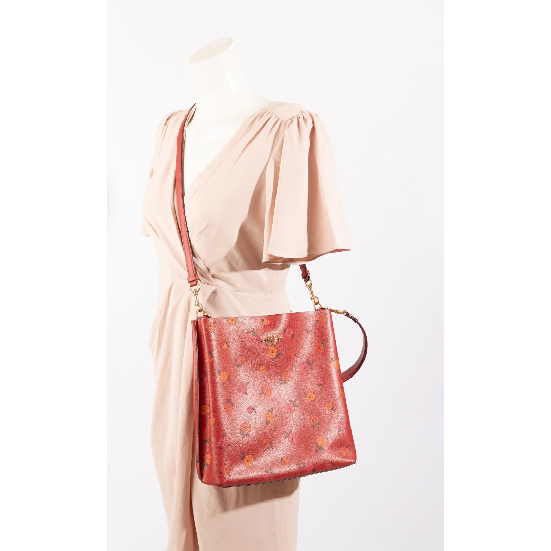 Coach Red Mollie Bucket Bag With Peony Print