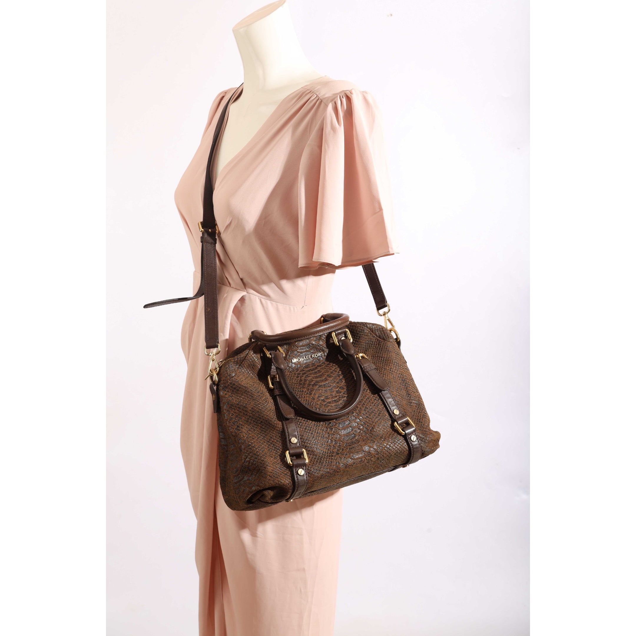 Michael Kors Bedford Brown Python Bowling Satchel