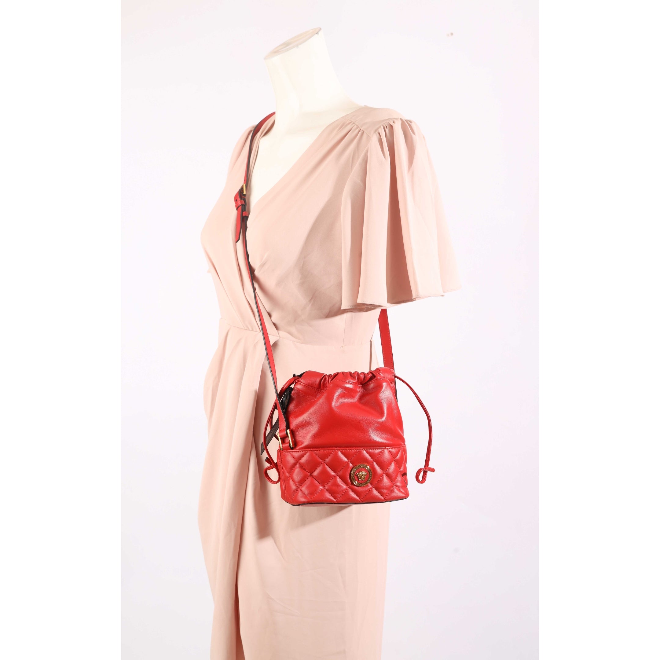 Versace Red Quilted Drawstring Shoulder Bag