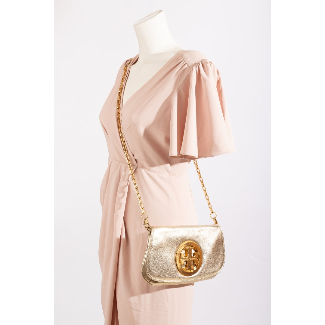 Tory Burch Gold Laminated Leather Reva Logo Crossbody Bag